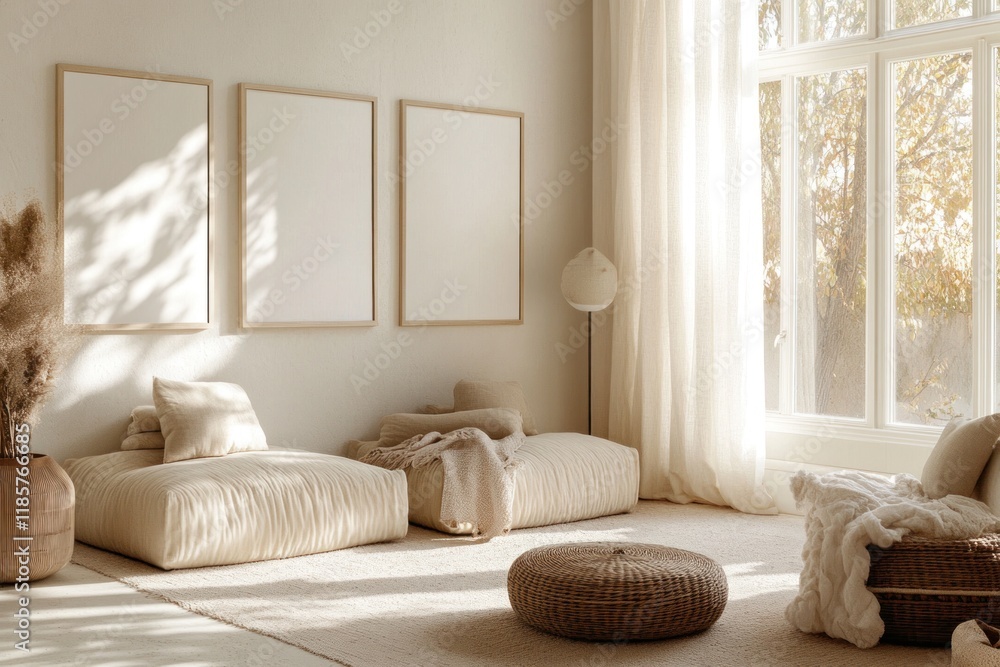 Fototapeta premium Minimalist living room with beige seating, blank frames, and natural light.