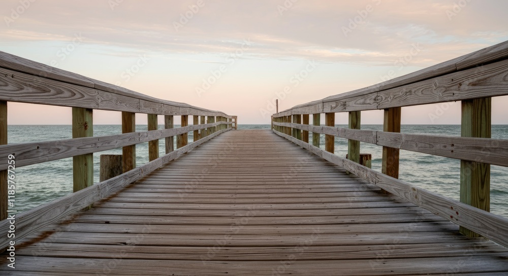 Wooden pier extending into calm ocean under pastel sky Wooden pier extending into calm ocean under pastel sky