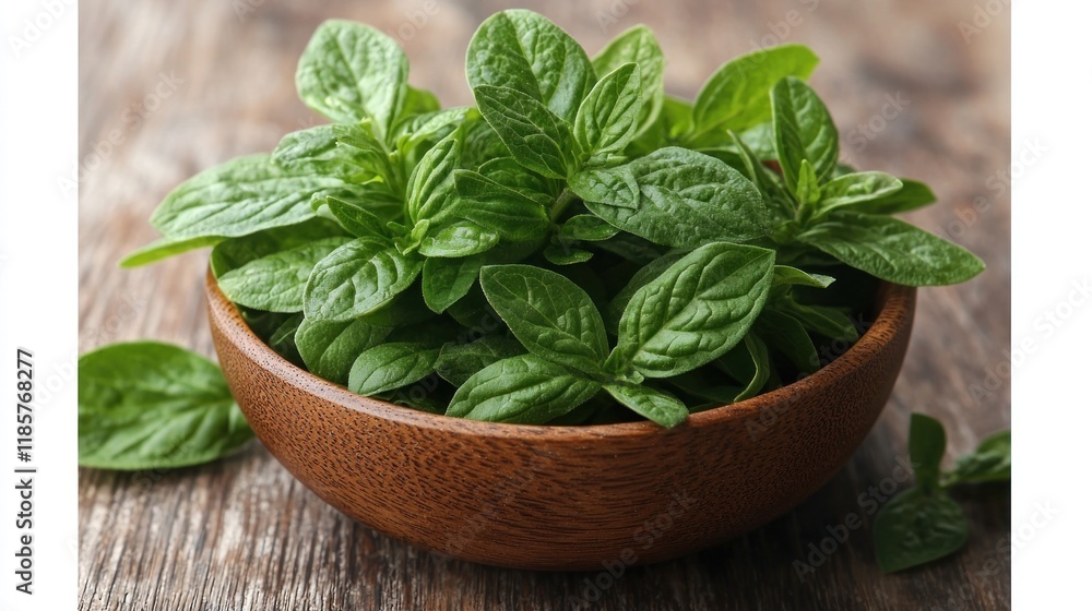 Fresh Green Mint Leaves in Rustic Wooden Bowl Fresh Green Mint Leaves in Rustic Wooden Bowl