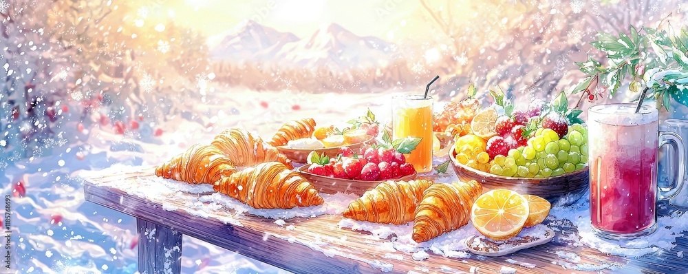 Delightful Winter Picnic with Fresh Fruits and Pastries in a Scenic Snowy Landscape with Sunlight and Mountains in the Background Delightful Winter Picnic with Fresh Fruits and Pastries in a Scenic Snowy Landscape with Sunlight and Mountains in the Background