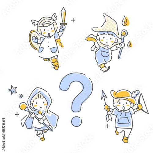 個性を活かして友達と一緒に目標達成を目指す子供たち　シンプルでかわいい線画イラスト