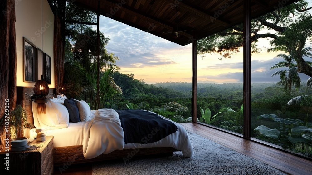 Serene bedroom with panoramic jungle views at sunrise Serene bedroom with panoramic jungle views at sunrise