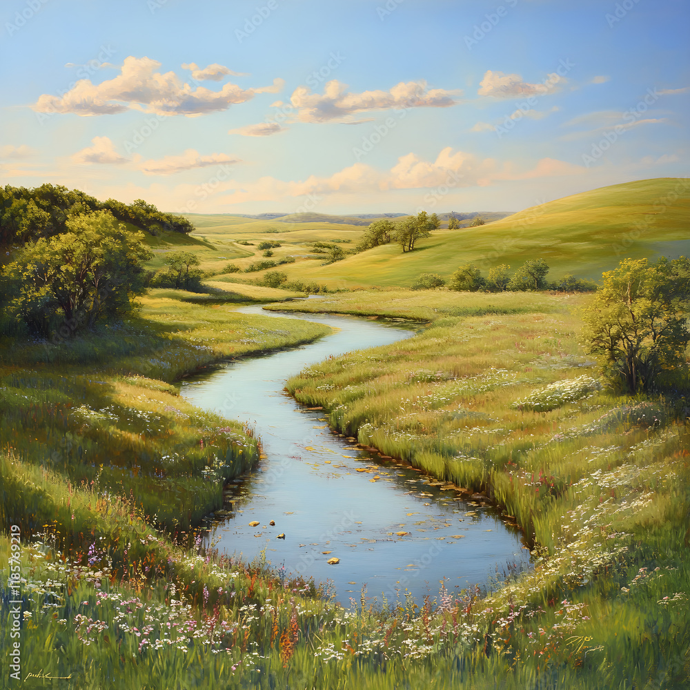Tranquil Inland Landscape with Winding River and Lush Meadows Under Blue Sky Tranquil Inland Landscape with Winding River and Lush Meadows Under Blue Sky