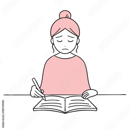 困った表情でノートを書く女性