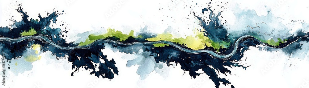 Obraz premium Abstract watercolor landscape featuring flowing river with dynamic splashes of blue and green hues for artistic and nature-themed designs