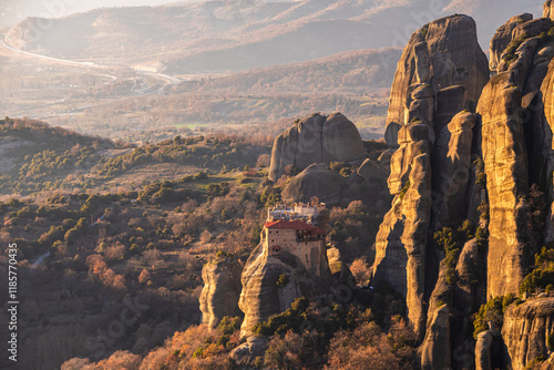 Saint Nicholas Anapafsas Monastery in Meteora, Greece. Beautiful photo of Saint Nicholas church from Meteora, historical place for Greek and orthodox christians around the world. photo