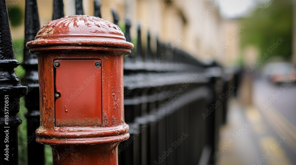 Historic red mailbox stands prominently on a British street, symbolizing timeless communication and cultural heritage. Historic red mailbox stands prominently on a British street, symbolizing timeless communication and cultural heritage.