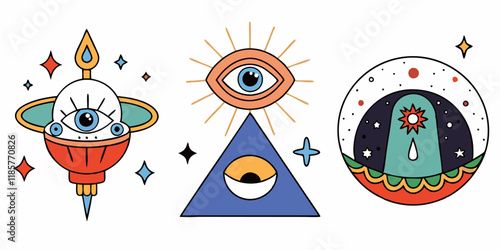 Mystical eye illustrations with geometric shapes and celestial elements