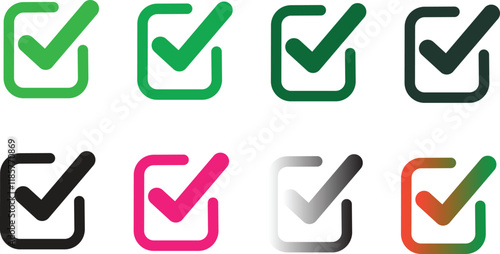 Green check mark set, isolated tick symbols, checklist signs, and an approval badge. Flat and modern checkmark design, vector illustration