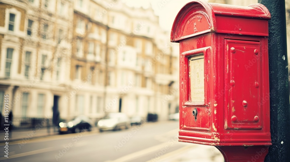 Historic red mailbox stands prominently on a British street, symbolizing timeless communication and cultural heritage. Historic red mailbox stands prominently on a British street, symbolizing timeless communication and cultural heritage.