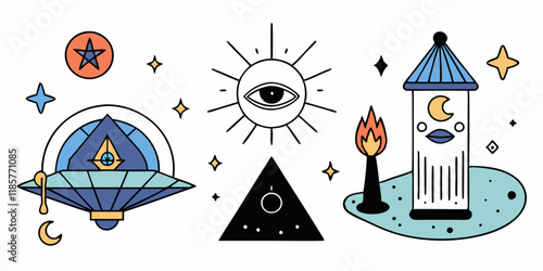 Mystical symbols collection with ufo, all-seeing eye, and sacred geometry for spiritual design