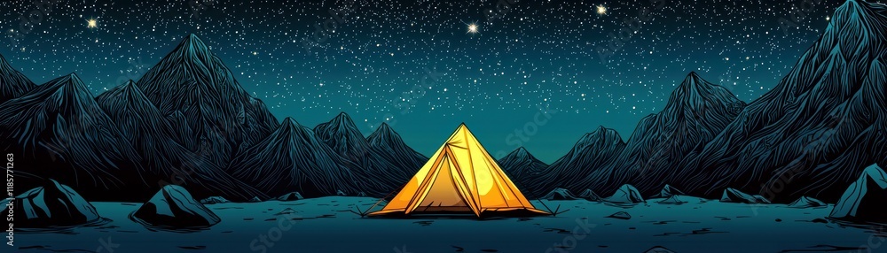 Bright Yellow Tent Under the Starry Night Sky Surrounded by Majestic Mountains and Rocky Terrain in a Remote Wilderness Setting Bright Yellow Tent Under the Starry Night Sky Surrounded by Majestic Mountains and Rocky Terrain in a Remote Wilderness Setting
