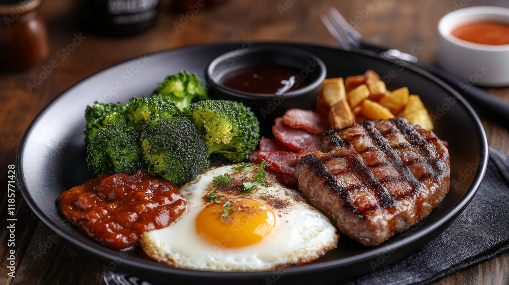 Overhead view of a tasty cooked dinner on a plate with eggs, bacon, sausage and broccoli with cutlery, condiments, sauces and napkins Overhead view of a tasty cooked dinner on a plate with eggs, bacon, sausage and broccoli with cutlery, condiments, sauces and napkins