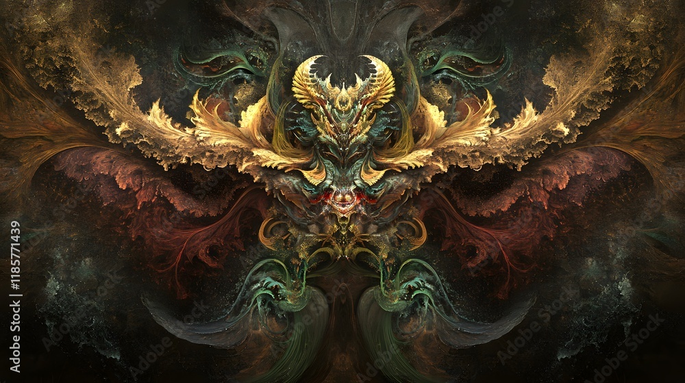 Obraz premium Abstract Dragon Fantasy Art Golden Dark Mystical Creature