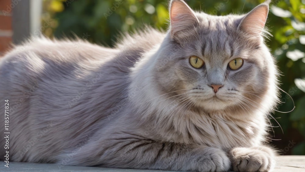 Fototapeta premium Lilac british longhair cat lying outside in the garden