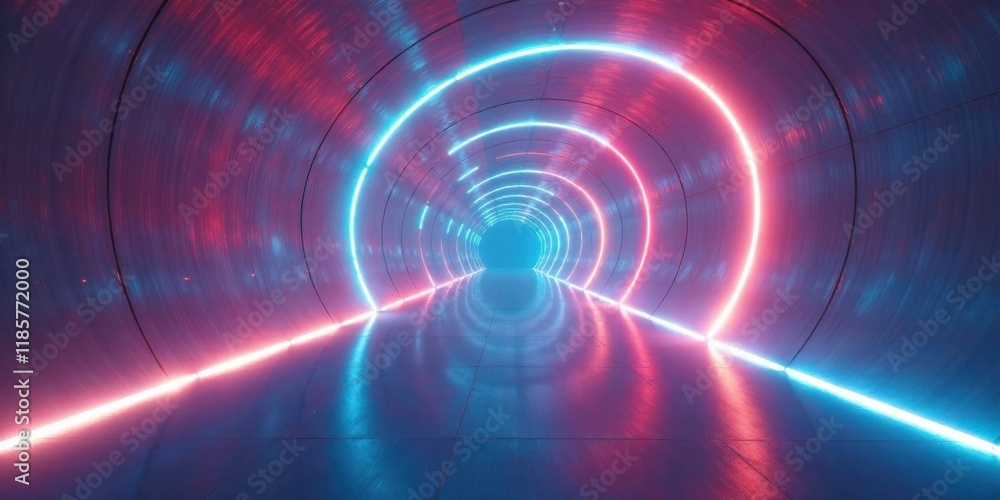 Futuristic Neon Tunnel with Pink and Blue Glowing Lights Reflecting on a Smooth Surface Futuristic Neon Tunnel with Pink and Blue Glowing Lights Reflecting on a Smooth Surface