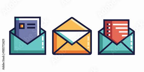 Creative envelope icons with documents on white background for design projects