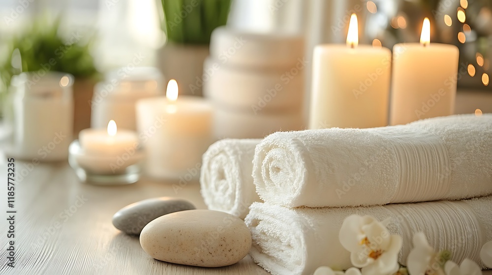 Spa setting with rolled towels, candles, stones, and flowers. Spa setting with rolled towels, candles, stones, and flowers.