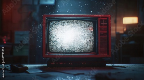 Vintage television with static in a dark cabin. photo