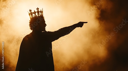 Silhouetted King Commands with Crown and Golden Light photo