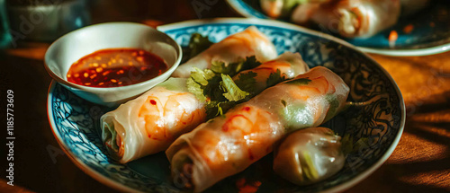 Wallpaper Mural Delicious spring rolls filled with shrimp and fresh vegetables served with dipping sauce Torontodigital.ca