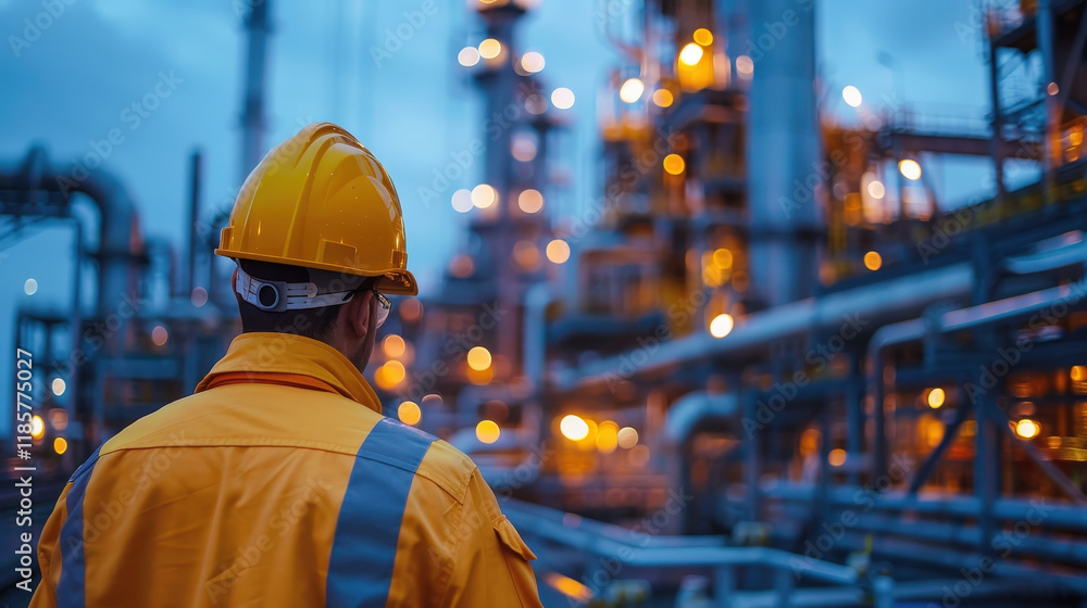 Engineers in Safety Gear Overseeing a Power Plant at Dusk, Illuminated by Industrial Lights Engineers in Safety Gear Overseeing a Power Plant at Dusk, Illuminated by Industrial Lights