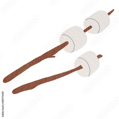 Marshmallow skewers. Fluffy sweet barbecue food, treat, dessert for camping, picnic. Soft candies on tree twigs, sprigs, sticks for cookout. Flat vector illustration isolated on white background