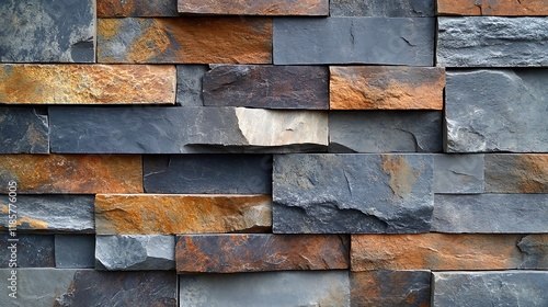Textured stone wall with grey, brown, and orange hues in a brick pattern.