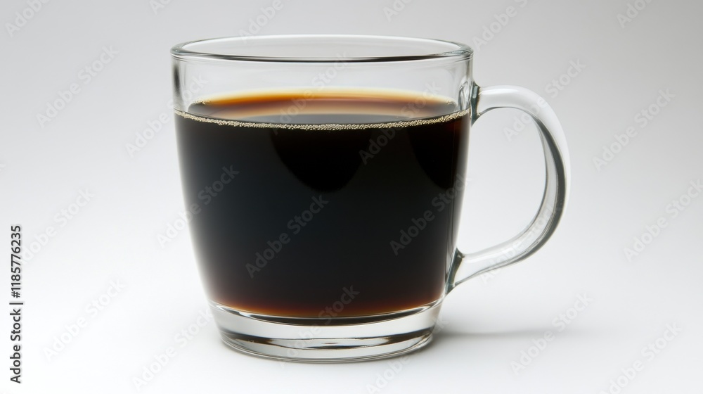 A clear coffee mug with black coffee inside, isolated on a pristine white background. A clear coffee mug with black coffee inside, isolated on a pristine white background.