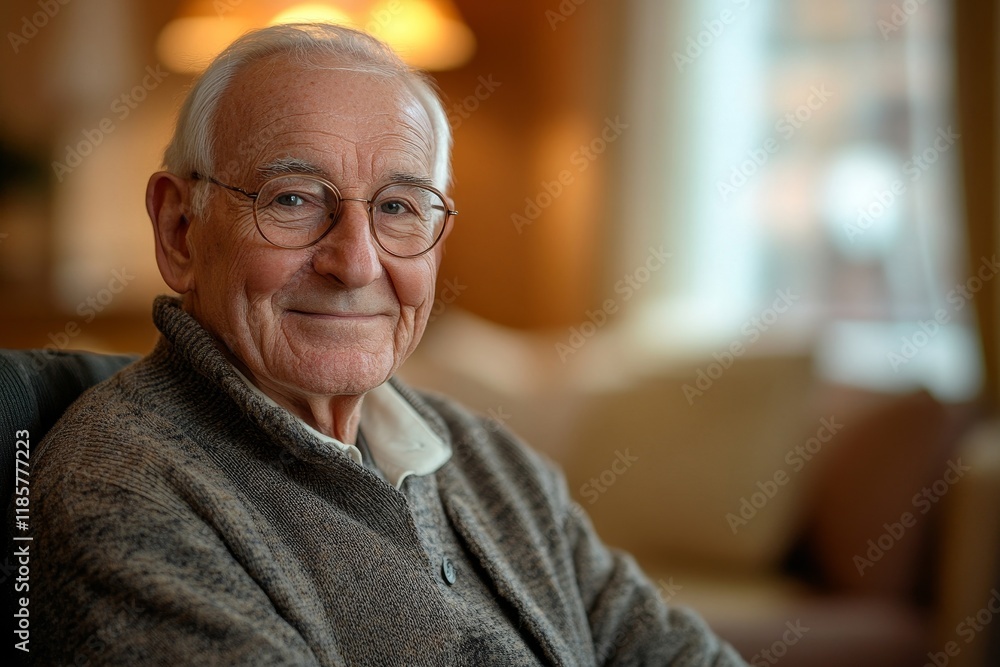 Portrait of happy senior man at retirement community looking at camera. Generative AI Portrait of happy senior man at retirement community looking at camera. Generative AI
