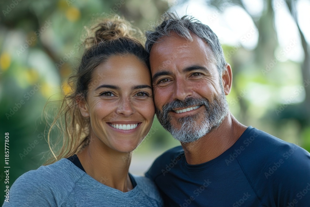Portrait of happy athletic couple in park. Generative AI Portrait of happy athletic couple in park. Generative AI