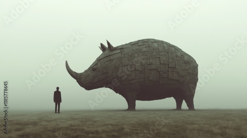 Man gazing at a colossal stone rhino sculpture in a misty field.