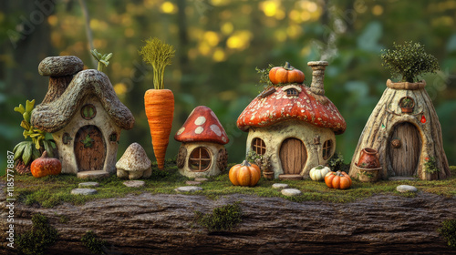 Cartoon gnome and elf houses or dwellings, fairytale banners. Vector magic fairy fantasy buildings mushroom, stump, tree, carrot and stone cottages. Pumpkin, teapot, boot and hillock cute hobbit photo