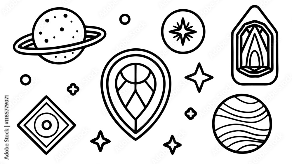 Cosmic abstract sticker collection with geometric elements on white background