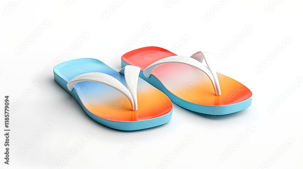 A pair of colorful flip flops placed side by side on a clean white background showcasing their vibrant design and summer ready style A pair of colorful flip flops placed side by side on a clean white background showcasing their vibrant design and summer ready style