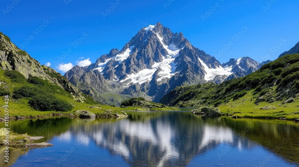 Fototapeta premium Majestic mountain landscape reflection serene lake nature photography clear sky panoramic view tranquility