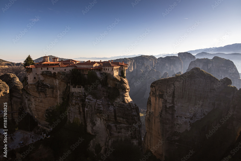 Monastery of Varlaam in Meteora. Amazing view of second biggest orthodox monastery in Meteora, Greece. Beautiful sunset light over Meteora.