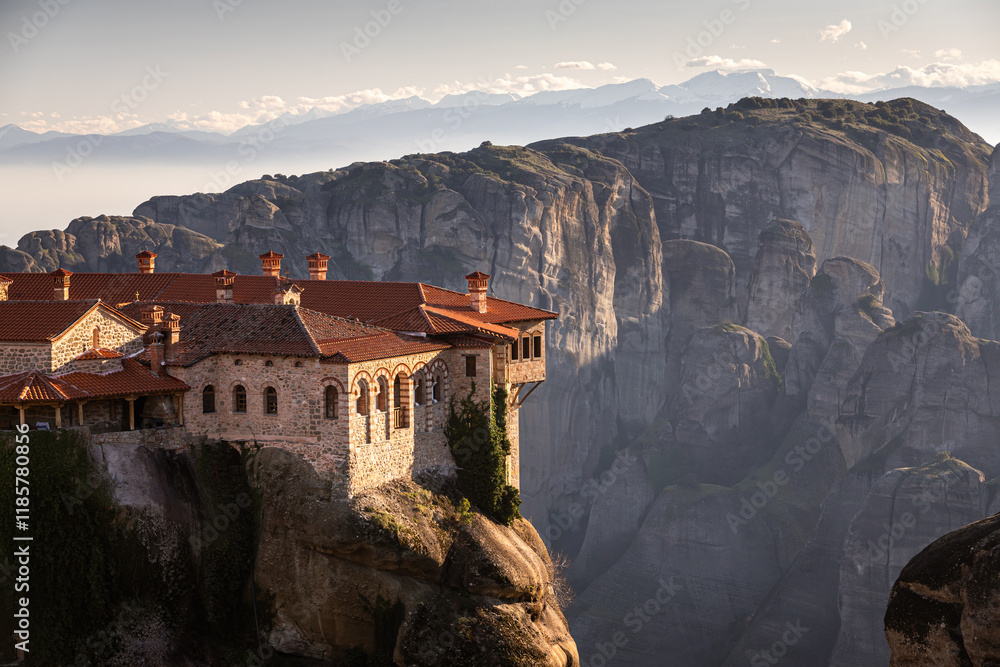 Monastery of Varlaam in Meteora. Amazing view of second biggest orthodox monastery in Meteora, Greece. Beautiful sunset light over Meteora.