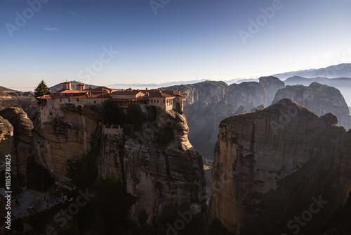 Monastery of Varlaam in Meteora. Amazing view of second biggest orthodox monastery in Meteora, Greece. Beautiful sunset light over Meteora. photo