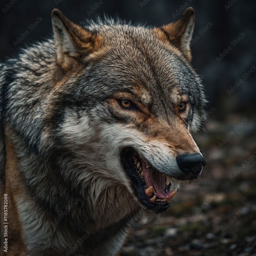 Fototapeta premium A fierce wolf snarling, ready to protect its territory.