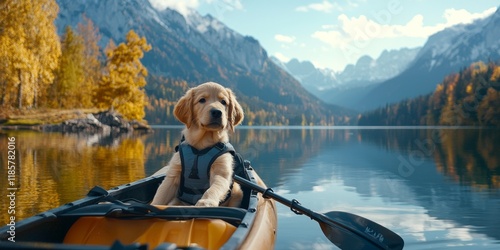 puppy pet travel concept. A dog in a kayak on a serene lake surrounded by mountains and autumn foliage.