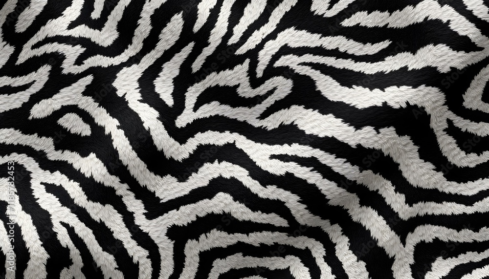 A vivid zebra print fabric featuring a seamless arrangement of bold black and white stripes A vivid zebra print fabric featuring a seamless arrangement of bold black and white stripes