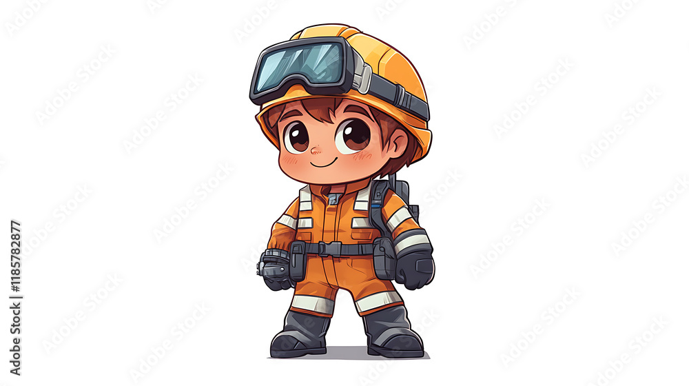 Cute Cartoon Worker Character in Protective Gear
