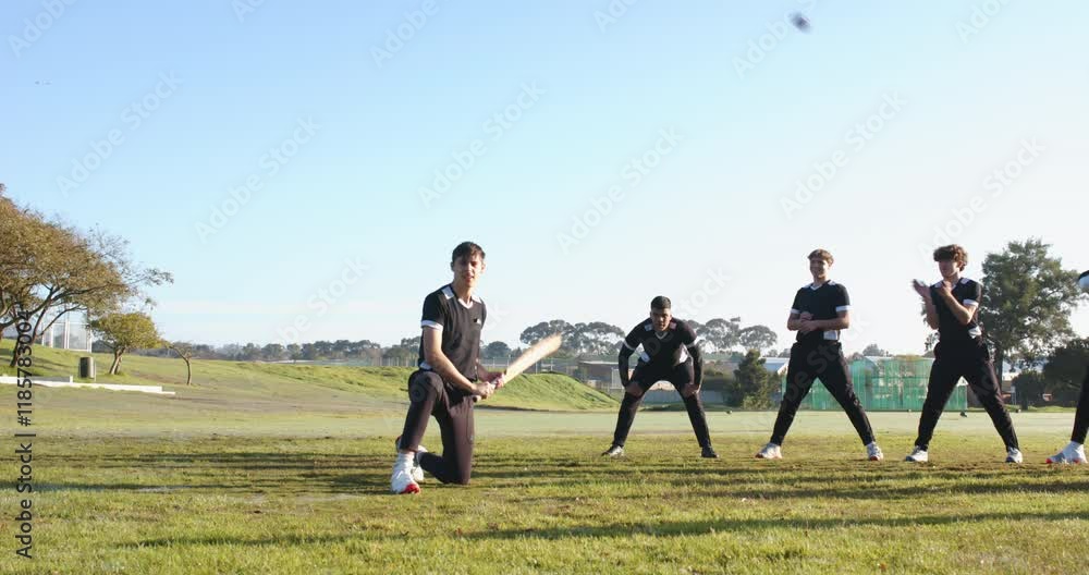 Playing cricket outdoors, team practicing fielding and batting on grassy field Playing cricket outdoors, team practicing fielding and batting on grassy field