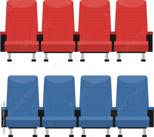 Cinema chairs, set of blue and red cinema chairs isolated on white background. Vector, cartoon illustration. Vector.
