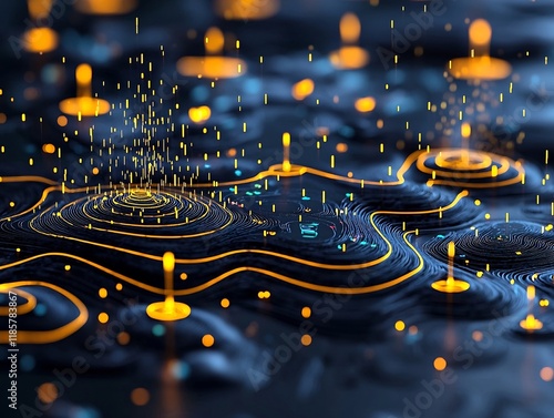 Detailed fluid topographic rainfall map with vivid atmospheric data visualizations complex isobar contours and cascading precipitation gradients  An enchanting weather data art piece