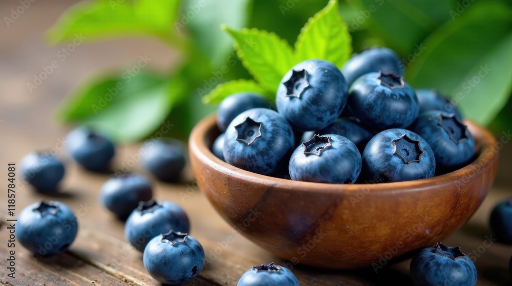 A wooden bowl brimming with plump, juicy blueberries, nestled amongst vibrant green leaves on a rustic wooden surface A wooden bowl brimming with plump, juicy blueberries, nestled amongst vibrant green leaves on a rustic wooden surface
