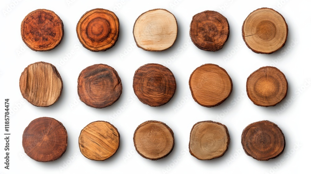 Fototapeta premium Collection of Round Rustic Wood Slabs for Crafting and Home Decor Projects
