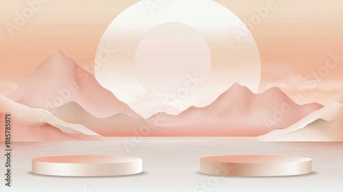 Minimalist peachy product display podium on a calm mountain landscape background.