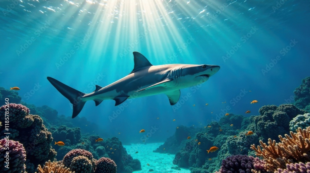 Fototapeta premium Oceanic Apex Predator Gracefully Navigating a Vibrant Coral Reef Ecosystem